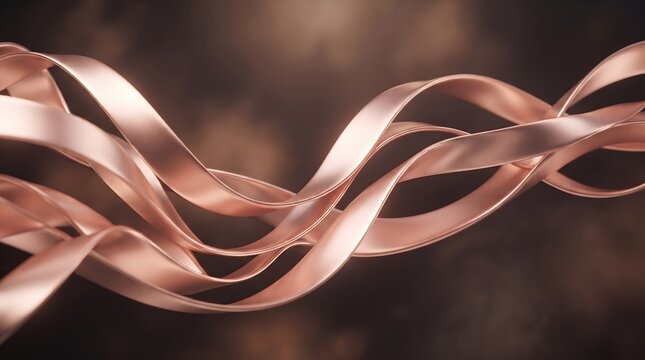 Abstract flowing rose gold metallic ribbons twisting smoothly on soft background