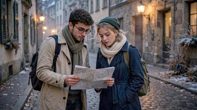 Travelers looking at a city map on a historic European cobblestone street during winter twilight with street lamps