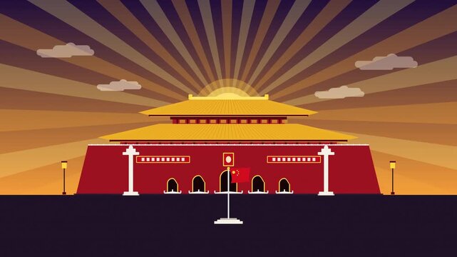 pixel art animation of tiananmen square gate at sunrise, retro video game style