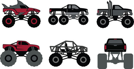 Monster truck vector set with 6 heavy duty off-road vehicles, extreme 4x4 big rig trucks, red and black monster truck icons for automotive design © Hafizbro