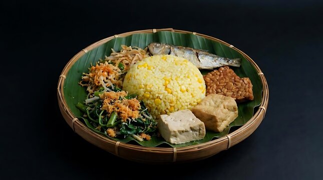 Indonesian yellow rice meal in bamboo basket.
