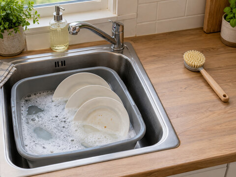 Three plates soaking in a wash basin beneath a closed kitchen tap