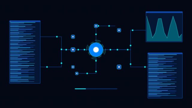 Futuristic hud interface with data processing, network nodes, and analytics graphs on dark background