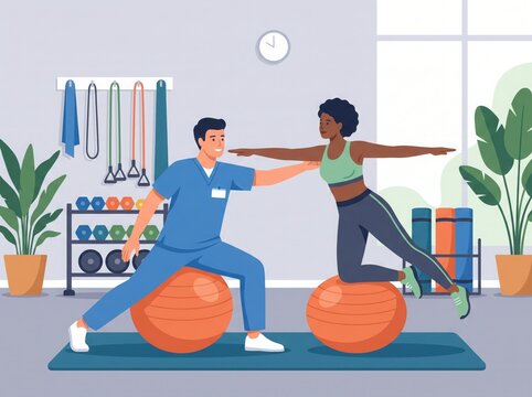 People practicing core stability exercise with fitball under guidance of physical therapist in gym vector illustration