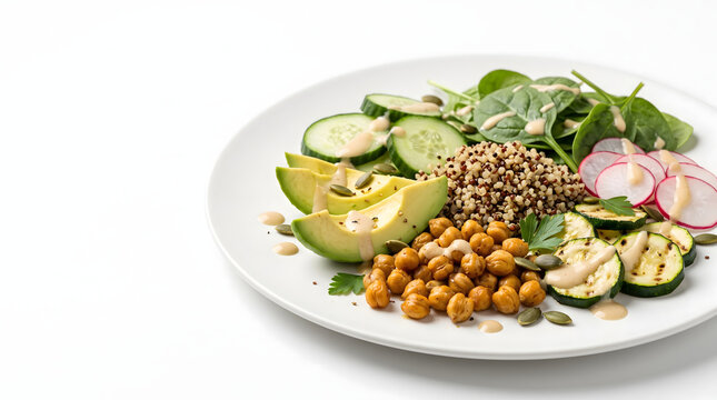 Healthy Buddha Bowl Salad with Quinoa, Roasted Chickpeas, Avocado and Fresh Vegetables