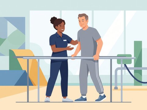 Two physiotherapists helping man patient walk along parallel bars in rehabilitation health center vector illustration design