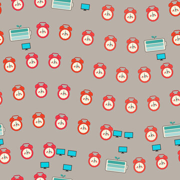 Cartoon alarm clocks and computers seamless pattern