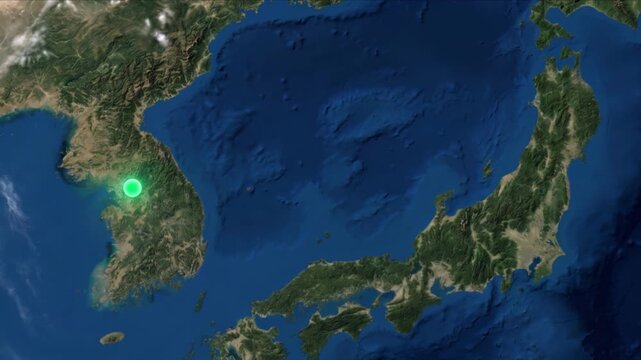 衛星視点の東アジアで東京とソウルを結ぶ国際光通信ネットワークのCG