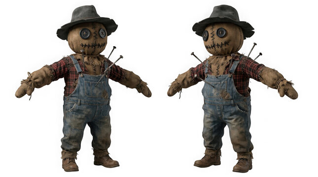 Two views of a creepy scarecrow doll with button eyes isolated on transparent background