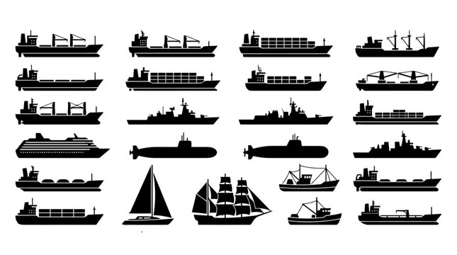 A collection of various black ship silhouettes on white background