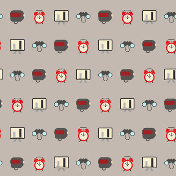 Seamless pattern of icons: alarm clock, chart, binoculars, VR headset