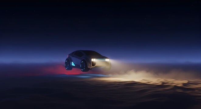 Futuristic Flying Car in Motion Above Clouds at Dusk with a High-Tech Night Sky Background