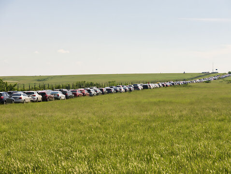 Long queue of cars at a border checkpoint during summer holiday travel
