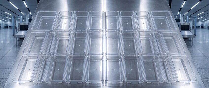 Rows of empty clear plastic security bins on metal workstation table for airport passenger scanning at security checkpoint screening area