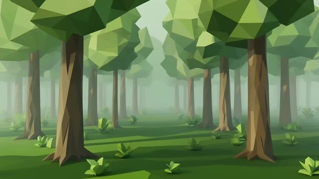Stylized low poly forest with geometric trees and soft atmospheric mist in a serene landscape 4K Generative AI
