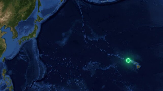 衛星視点の北太平洋で東京とホノルルを結ぶ海底光通信ネットワークのCG