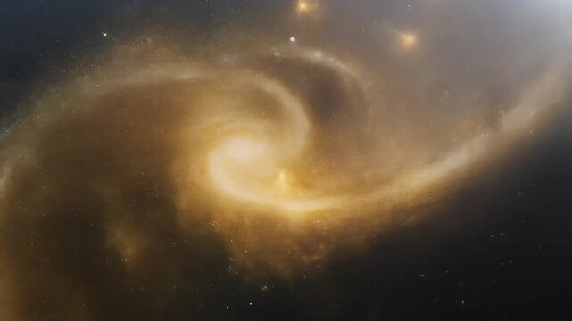 Grand spiral galaxy glowing with golden stardust clouds rotating slowly against deep dark space background 4K Generative AI