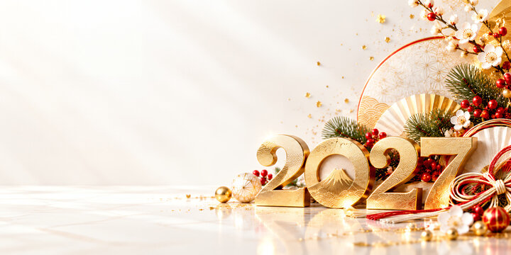 金色の2027年と紅白の和飾りを添えた上品な新年の正月背景