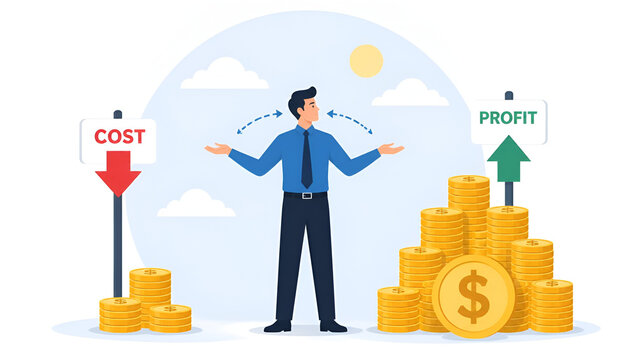 Businessman Choosing Between Cost Reduction and Profit Growth, Profit vs Cost Concept with Gold Coins, Green Up Arrow and Red Down Arrow, Financial Success Illustration
