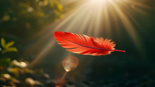 Vibrant red feather floating gracefully in soft sunbeams against a dark moody nature background 4K Generative AI