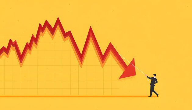 Businessman Pulling Rope to Control Falling Red Arrow on Yellow Background, Business Crisis and Financial Loss Management Concept, Stock Market Crash Illustration
