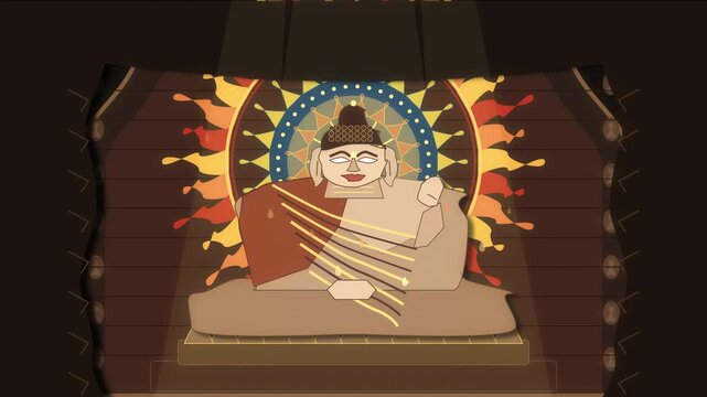 Pixel art buddha animation loop featuring retro statue, temple, and glowing halo