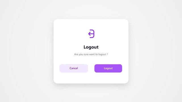 Modern user interface logout pop-up window with purple confirmation button and clean minimalist animation for web and mobile app development