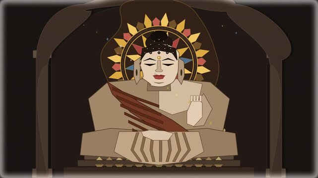 pixel art buddha meditation animation loop featuring serene deity statue, spiritual temple background, sacred geometry, retro video game style