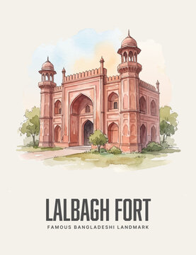 Lalbagh Fort Bangladesh Famous Landmark Watercolor Vector Poster Wall Art