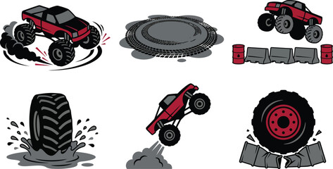 Monster truck vector set, red off-road racing vehicles and big tires, extreme motorsport stunt show elements for t-shirt design and posters © Hafizbro