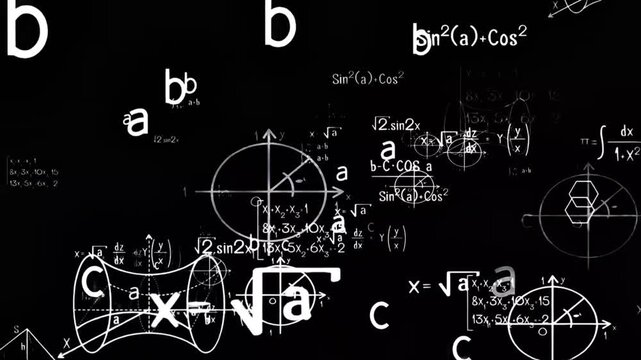 Abstract background with complex mathematical formulas and geometric graphs in white on black