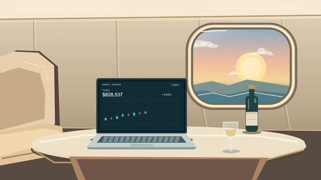 Financial success dashboard on laptop inside luxury yacht cabin with scenic sunset window view and wine