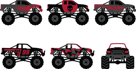 Monster truck vector set with 6 aggressive off-road vehicles, red and black monster truck collection with skull and flame decals, heavy duty 4x4 automotive icons © Hafizbro