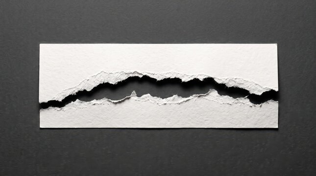 Close-up of horizontal tear in textured white paper revealing dark background, realistic torn edges showing fiber details, copy space for design layout concept illustration.