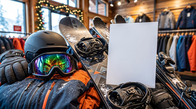 snowboard skis helmet goggles and winter clothing laid out in a ski shop with a blank white sheet for text