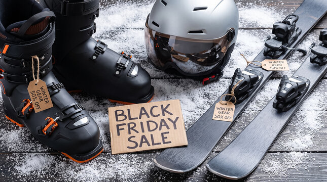 ski equipment with discount price tags lies on snowy surface during sale