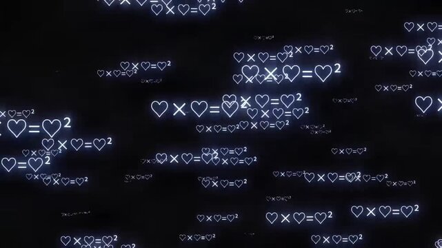 Glowing romantic math formula with hearts on black background