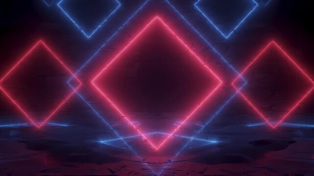 Cyberpunk neon light background glowing red diamond shapes in dark space futuristic technology and electronic music stage visual.