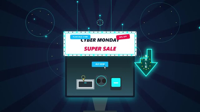 Cyber monday super sale banner on computer screen with cursor clicking buy now button.