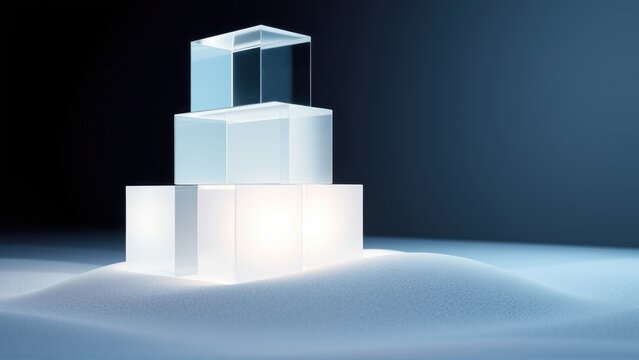 Pyramid structure glows softly. White cubes stacked upon sand. Minimalist design, dramatic lighting creates stark contrast. Futuristic aesthetic.