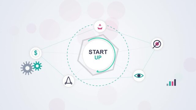 Start up business diagram with rotating icons and dynamic connecting lines animation.