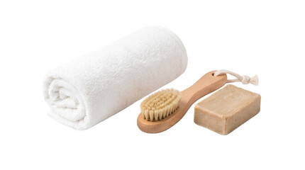 Obraz premium Natural spa wellness set, white cotton rolled towel with wooden body brush and organic soap bar, minimalist skincare products for beauty treatment
