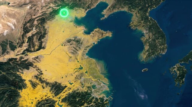 衛星視点の中国大陸で上海と北京を結ぶ光ネットワーク通信のCG映像