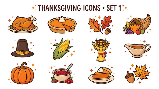 Conceptual collection of traditional Thanksgiving holiday symbols with roasted turkey pumpkin pie and harvest cornucopia for seasonal celebration