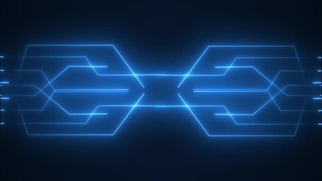 Circuit board pattern animation displays symmetrical geometric lines. Electronic processor computing data routes on circuit board. Hardware runs circuit board pattern.