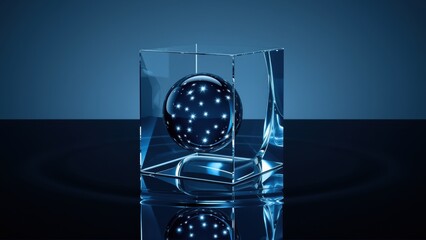 Fototapeta premium Glass cube contains glowing sphere depicting constellation. Reflection visible on dark surface. Minimalist, modern aesthetic.