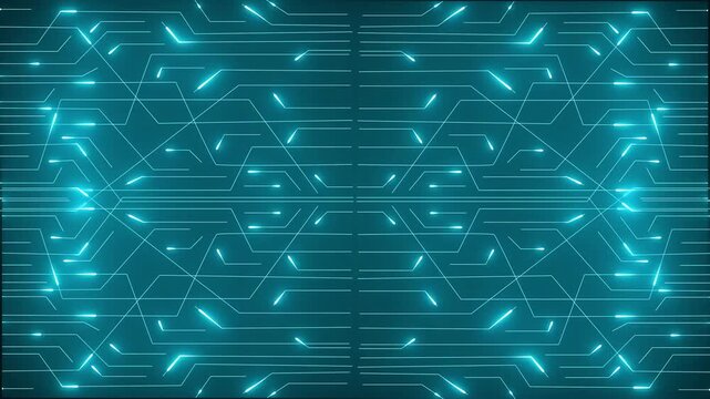Circuit board pattern animation displays symmetrical geometric traces. Processor hardware data routes on pattern. Technology consoles use circuit board pattern.