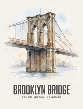 Brooklyn Bridge Watercolor Style Vector Poster of Famous American Landmark