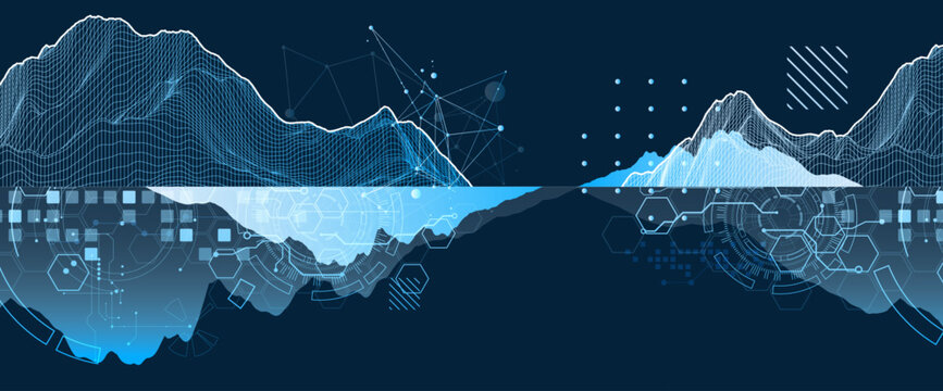 Digital wireframe mountain landscape with technology network and data grid
