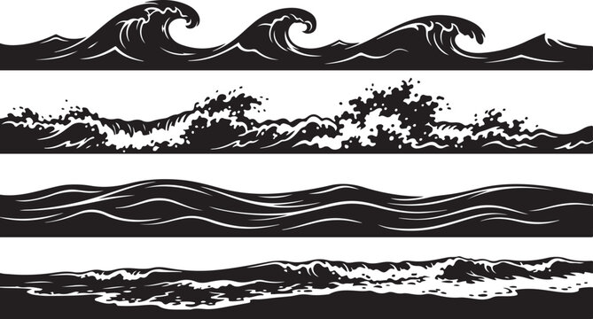 Set of four horizontal black silhouette borders featuring ocean waves, sea surf, crashing water, and rolling tide on white background